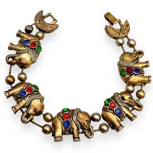 Vintage Brass & Mogul Red/Blue/Green Rhinestone Elephant Charm Slide Bracelet